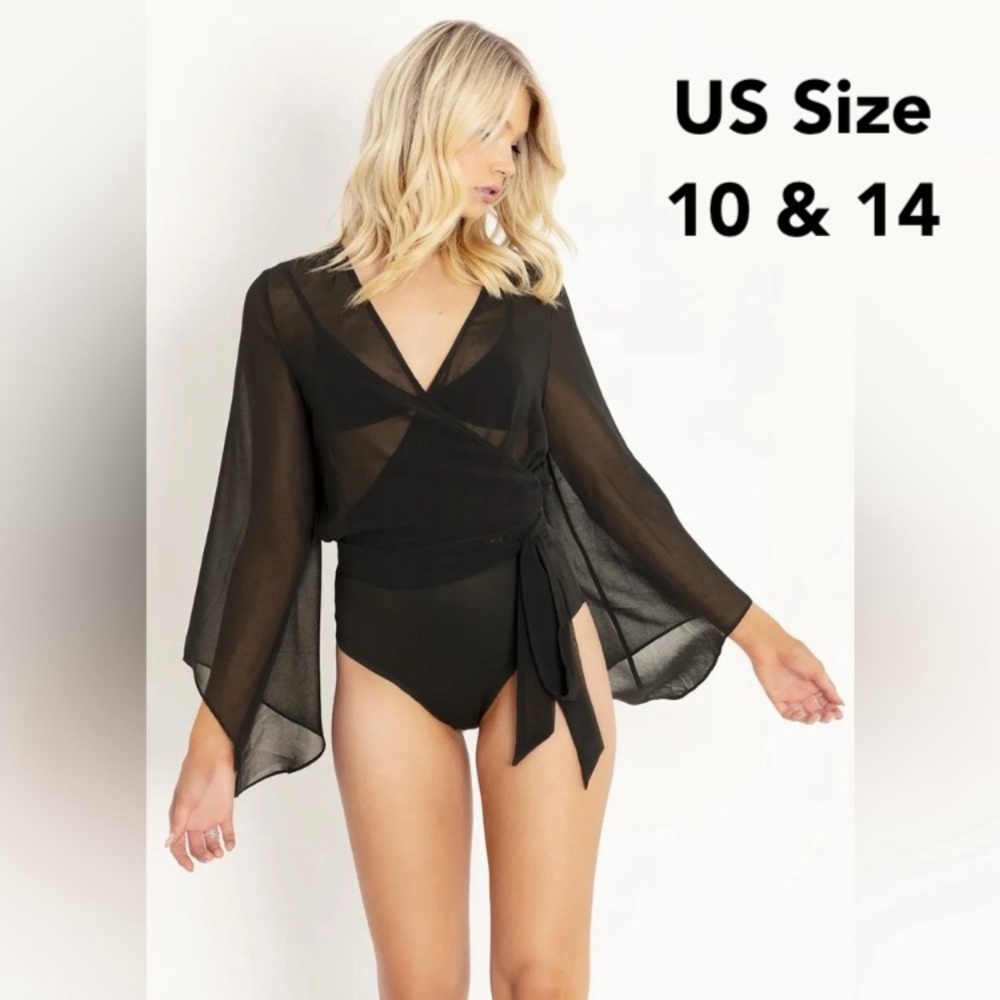 BLACKMILK The Belle Wrap BODYSUIT! Sheer Top Statement Sleeves Sexy Oversized